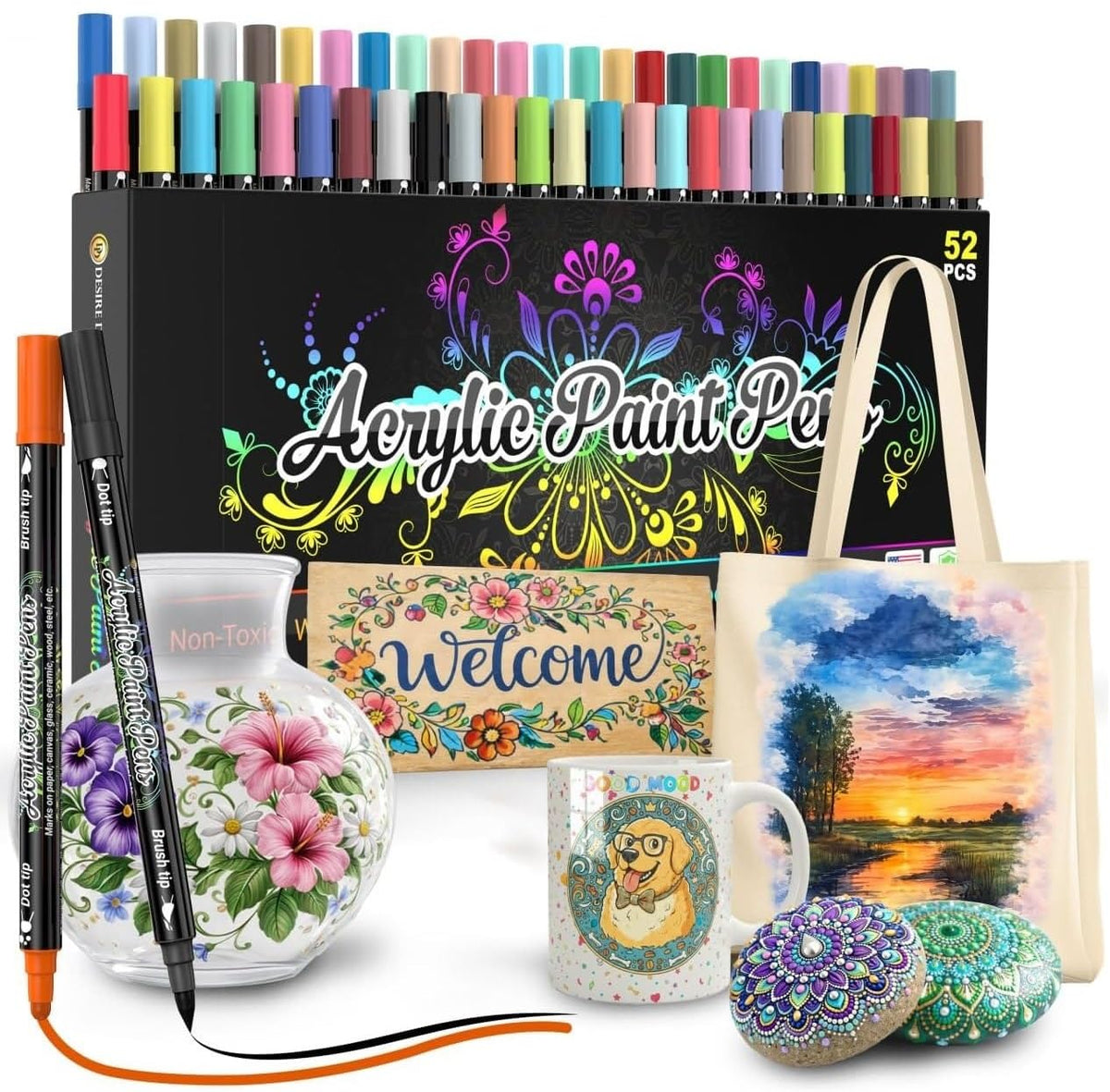 Desire Deluxe Acrylic Paint Pens for Rock Painting, Stone, Ceramic, Glass, Wood, Canvas – Set of 12 Non Toxic Water Based Markers - Great Artists Painting Supplies