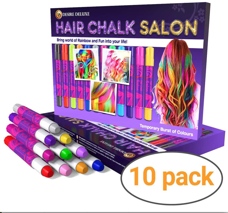 Desire Deluxe  - Girls Gifts Hair Chalk 10 Temporary Non-Toxic Easy Washable Hair Dye Colourful Pens