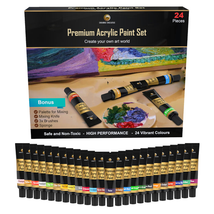 Desire Deluxe  - Acrylic Paint Set - Non Toxic Water Based Rock Painting Kit for Stone, Ceramic, Glass, Wood, Porcelain, Pebbles-Complete Craft Set