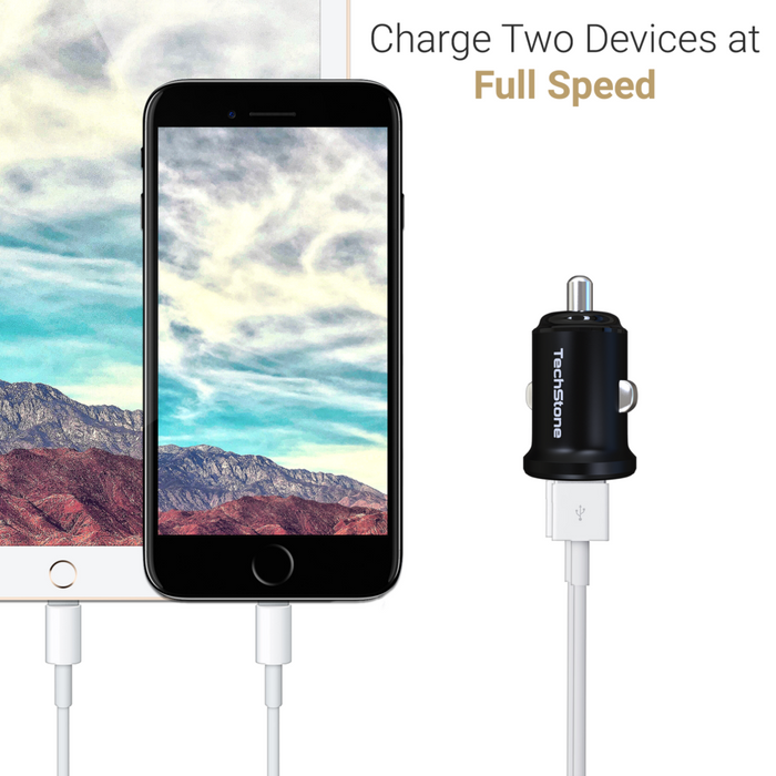 TechStone - Dual USB Car Charger Mini Adapter 2-in-1 Portable Charge Plug-In Smartphones Tablets USB-Powered Dev