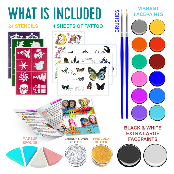 Desire Deluxe - Face Paints for Children Make Up Set Body Painting Palette Kit Inc: Glitter Stencil Tattoo for Kids