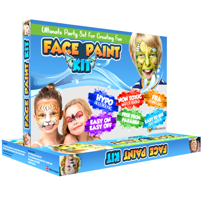 Desire Deluxe - Face Paints for Children Make Up Set Body Painting Palette Kit Inc: Glitter Stencil Tattoo for Kids