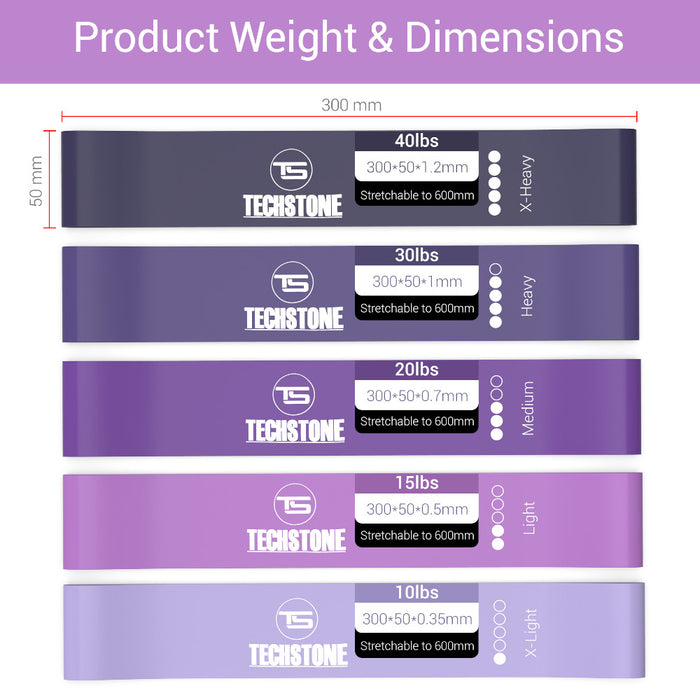 TechStone -  Resistance Bands Pack of 5 Different Resistance Levels Elastic Band for Home Gym Long Exercise Workout Set for Men and Women