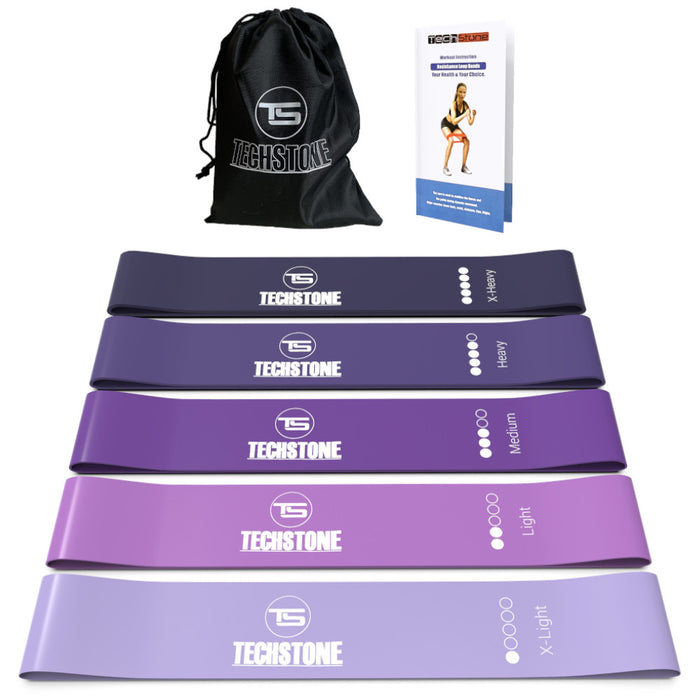 TechStone -  Resistance Bands Pack of 5 Different Resistance Levels Elastic Band for Home Gym Long Exercise Workout Set for Men and Women