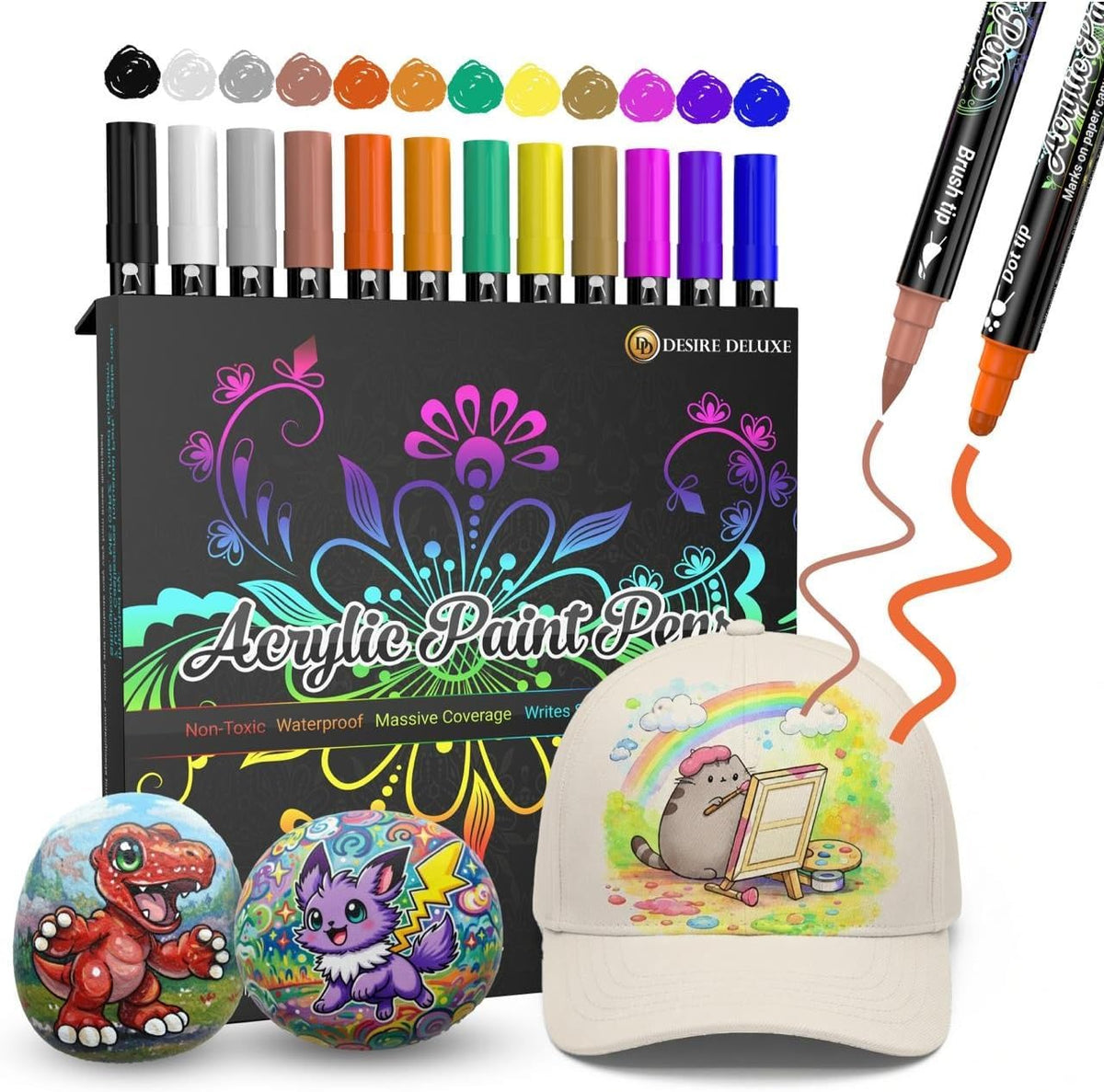 Desire Deluxe Acrylic Paint Pens for Rock Painting, Stone, Ceramic, Glass, Wood, Canvas – Set of 12 Non Toxic Water Based Markers - Great Artists Painting Supplies
