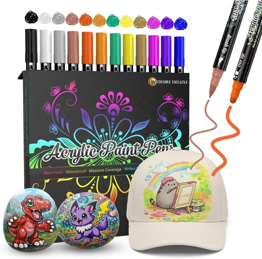 Desire Deluxe Acrylic Paint Pens for Rock Painting, Stone, Ceramic, Glass, Wood, Canvas – Set of 12 Non Toxic Water Based Markers - Great Artists Painting Supplies