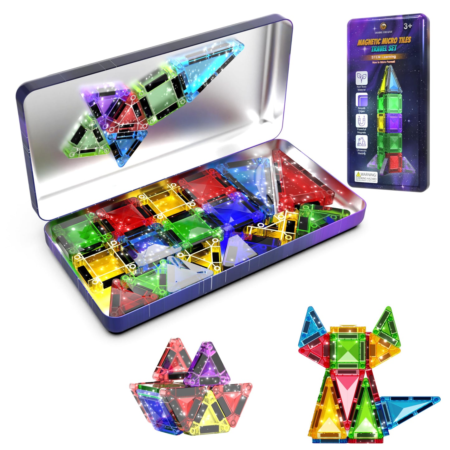 Micro Magnetic Tiles Building Blocks Toy - STEM Educational Travel Size Magnetics Blocks for Kids, Preschool Sensory Montessori Toddler Magnetic Toys for Boys & Girls 3+ Years Old (18PCS - Glitter)