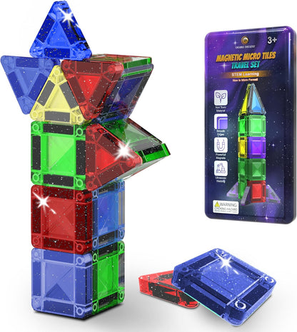 Micro Magnetic Tiles Building Blocks Toy - STEM Educational Travel Size Magnetics Blocks for Kids, Preschool Sensory Montessori Toddler Magnetic Toys for Boys & Girls 3+ Years Old (18PCS - Glitter)