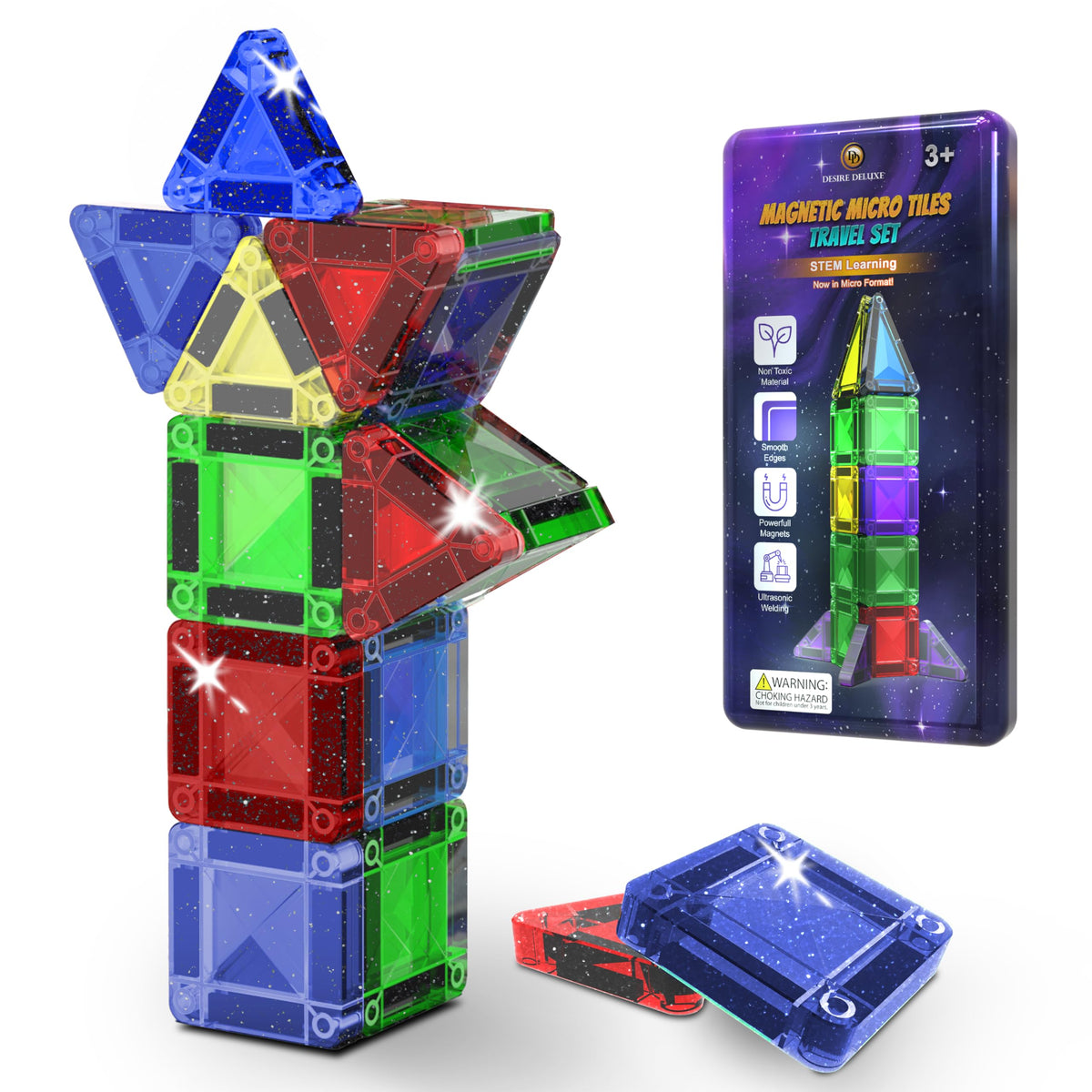 Micro Magnetic Tiles Building Blocks Toy - STEM Educational Travel Size Magnetics Blocks for Kids, Preschool Sensory Montessori Toddler Magnetic Toys for Boys & Girls 3+ Years Old (18PCS - Glitter)