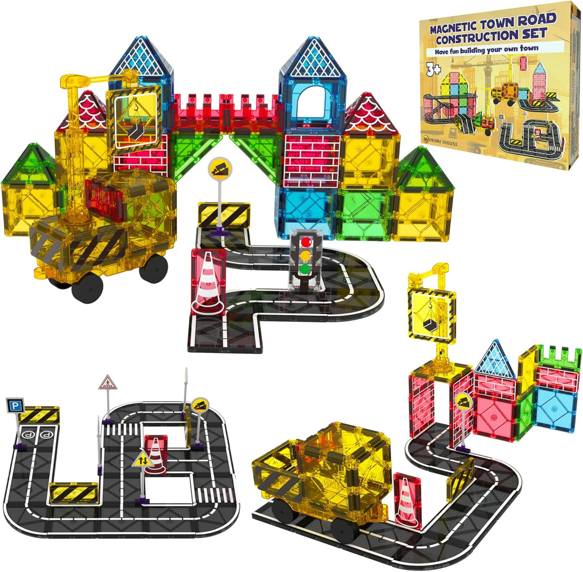 Desire Deluxe Magnetic Building Tiles Road Blocks - Magnet Crane Car Set for Kids, Educational Preschool STEM Learning Montessori Construction Toddler Toy for Boys & Girls 3+ Year Birthday