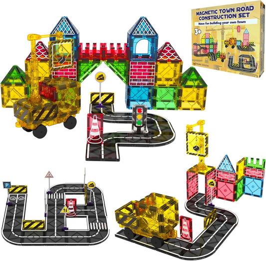 Desire Deluxe Magnetic Building Tiles Road Blocks - Magnet Crane Car Set for Kids, Educational Preschool STEM Learning Montessori Construction Toddler Toy for Boys & Girls 3+ Year Birthday