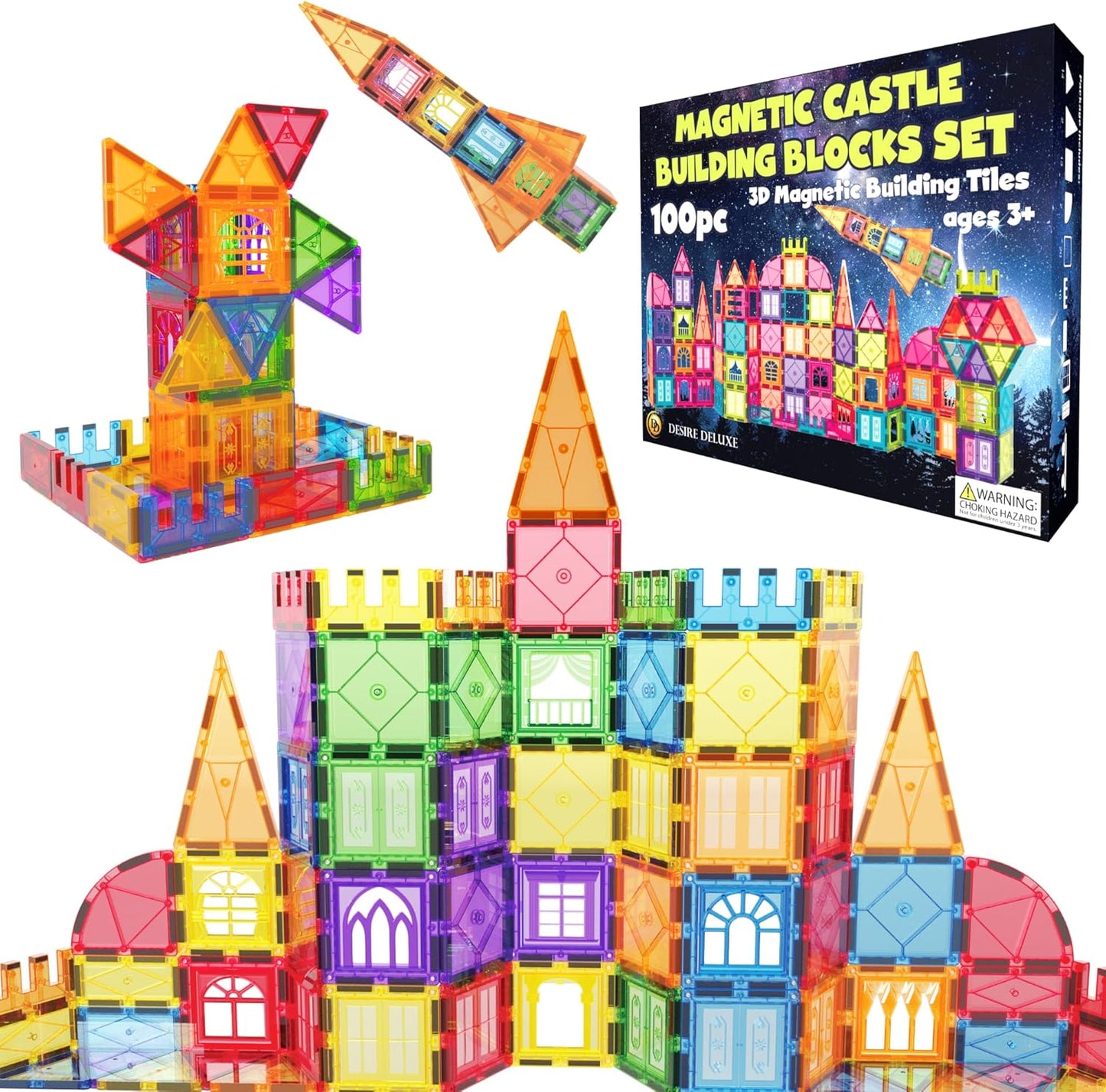 Desire Deluxe Magnetic Tiles Building Blocks Set Toy for Girls & Boys 3+ Year - Educational Magnet Stem Learning Construction Toy Preschool Brain Development Toy for Kids, Birthday Gift, 100pc