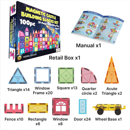 Desire Deluxe Magnetic Tiles Building Blocks Set Toy for Girls & Boys 3+ Year - Educational Magnet Stem Learning Construction Toy Preschool Brain Development Toy for Kids, Birthday Gift, 100pc