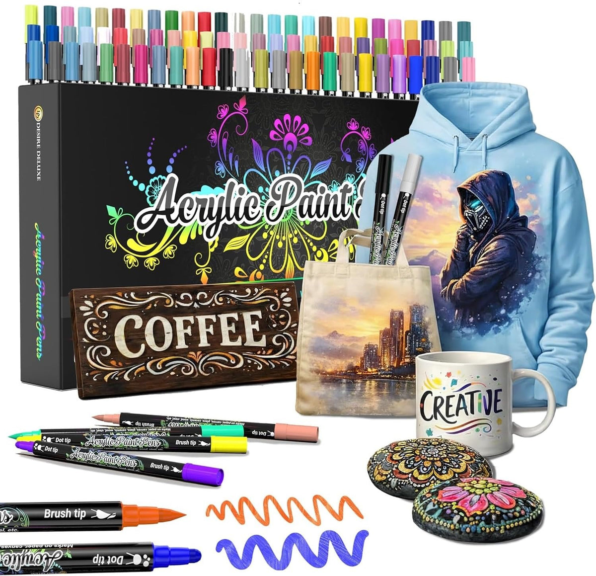 Desire Deluxe Acrylic Paint Pens for Rock Painting, Stone, Ceramic, Glass, Wood, Canvas – Set of 12 Non Toxic Water Based Markers - Great Artists Painting Supplies