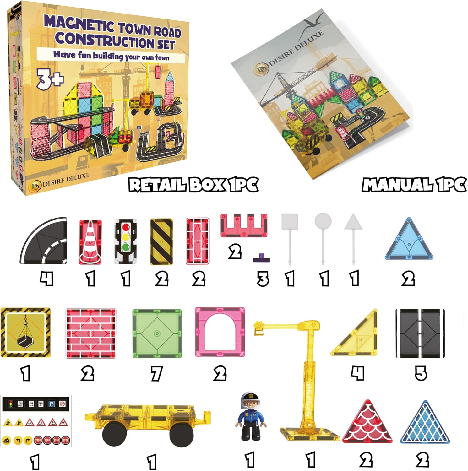 Desire Deluxe Magnetic Building Tiles Road Blocks - Magnet Crane Car Set for Kids, Educational Preschool STEM Learning Montessori Construction Toddler Toy for Boys & Girls 3+ Year Birthday