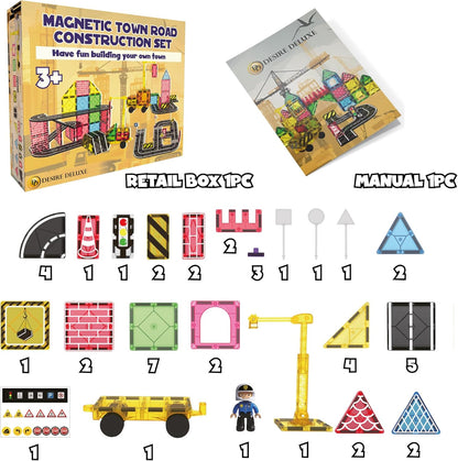 Desire Deluxe Magnetic Building Tiles Road Blocks - Magnet Crane Car Set for Kids, Educational Preschool STEM Learning Montessori Construction Toddler Toy for Boys & Girls 3+ Year Birthday