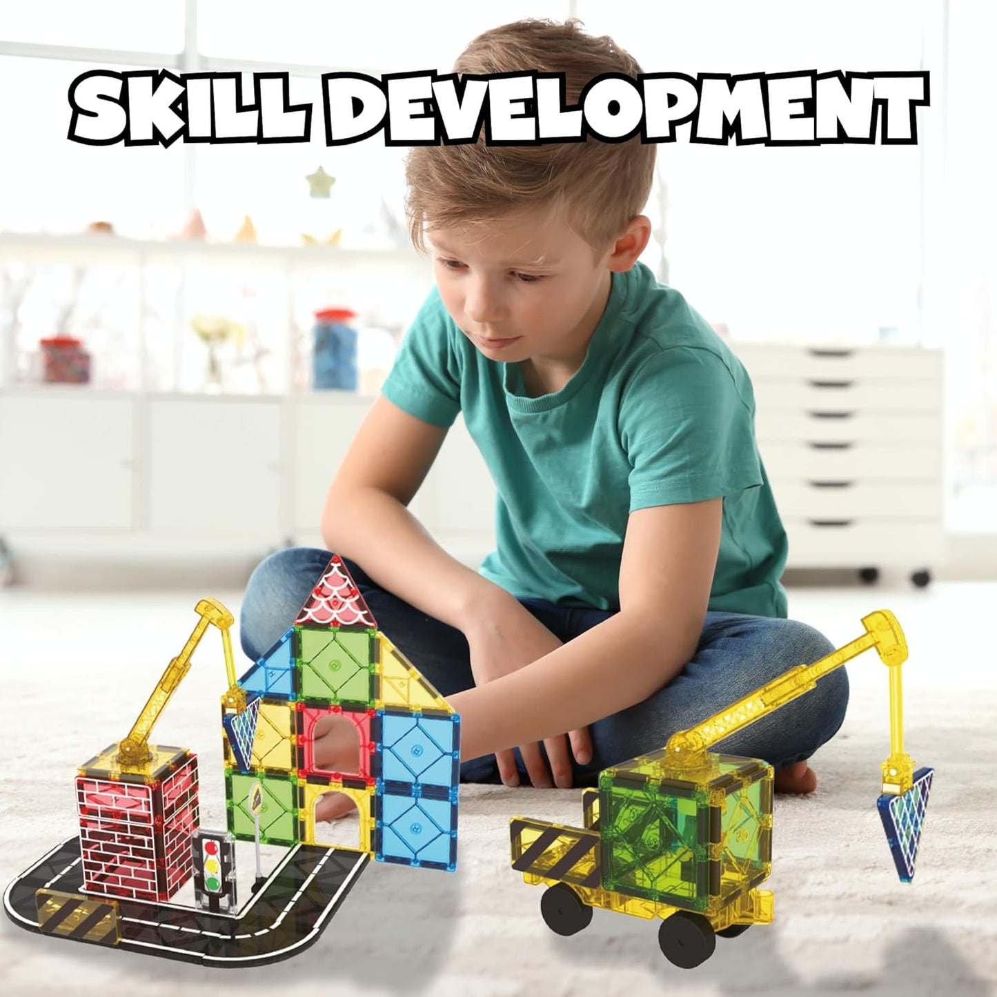 Desire Deluxe Magnetic Building Tiles Road Blocks - Magnet Crane Car Set for Kids, Educational Preschool STEM Learning Montessori Construction Toddler Toy for Boys & Girls 3+ Year Birthday