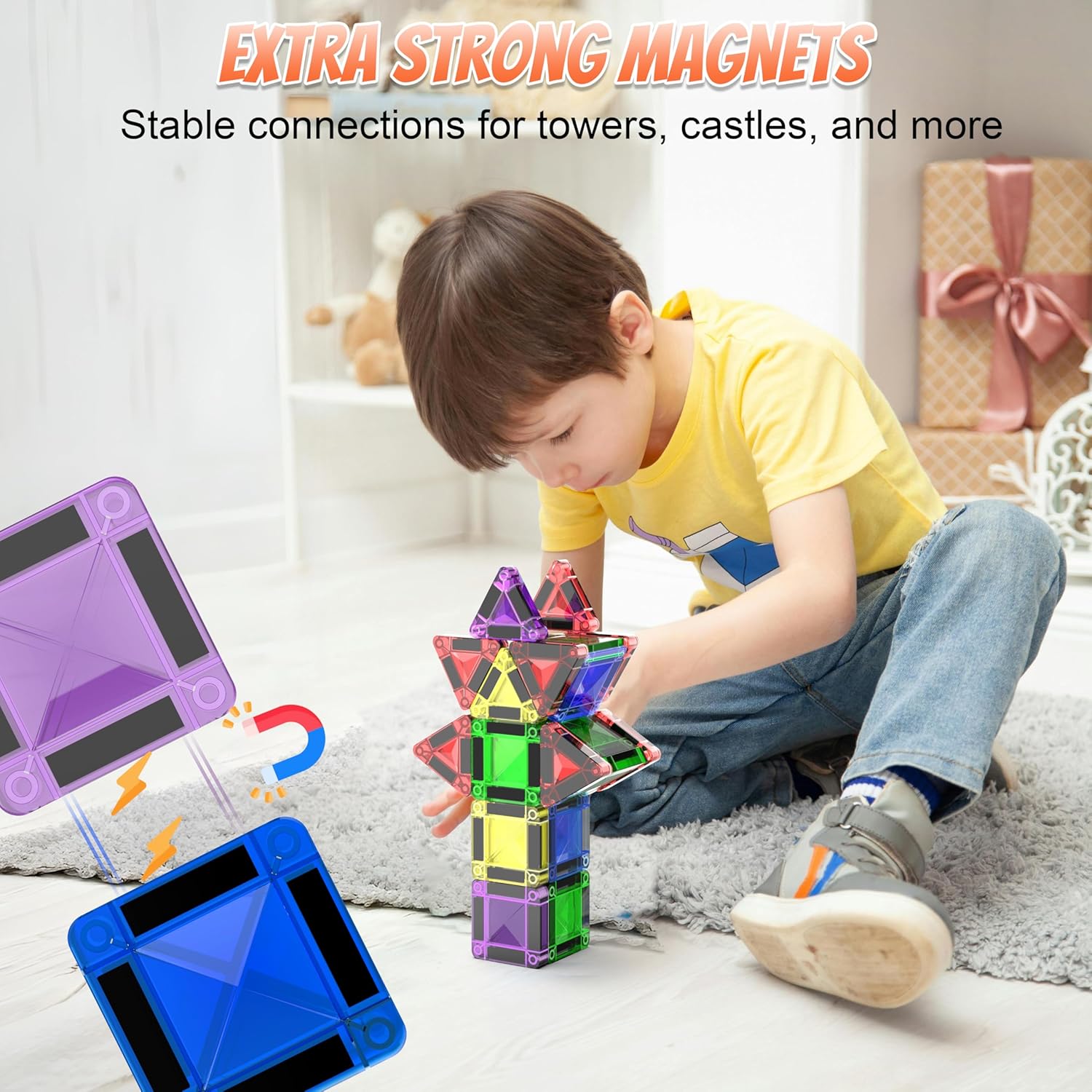Micro Magnetic Tiles Building Blocks Toy - STEM Educational Travel Size Magnetics Blocks for Kids, Preschool Sensory Montessori Toddler Magnetic Toys for Boys & Girls 3+ Years Old (18PCS - Glitter)