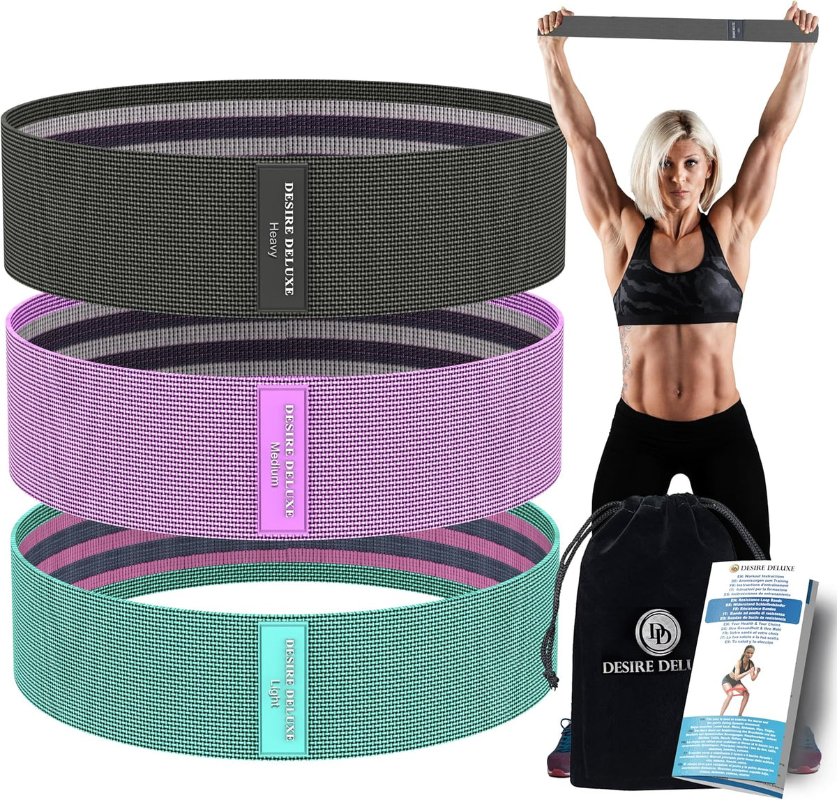 Desire Deluxe Resistance Bands Set for Men and Women, Premium Exercise Pack of 3 Different Resistance Levels Loops Band for Home, Gym, Long Exercise Workout – Great Fitness Equipment for Training,