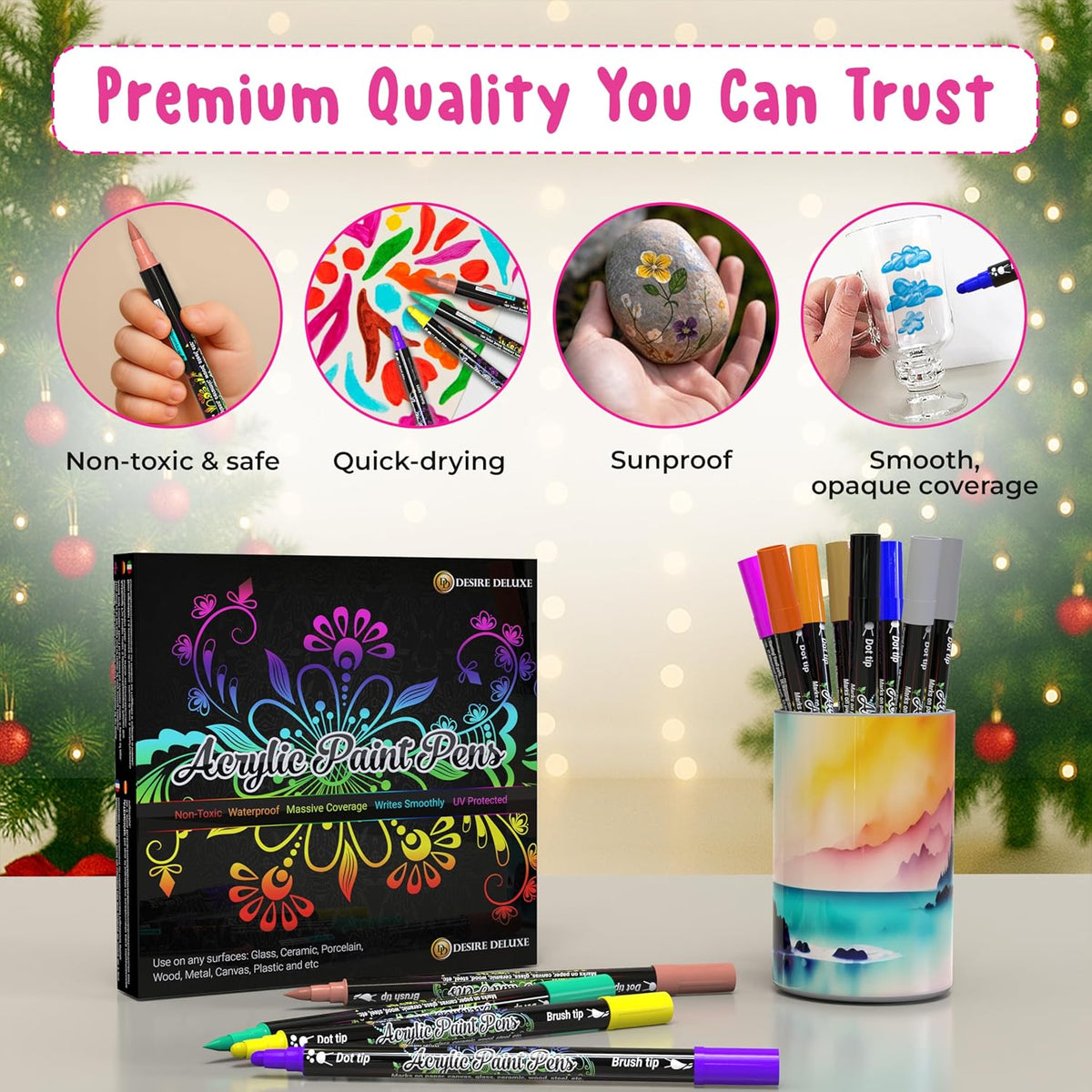 Desire Deluxe Acrylic Paint Pens for Rock Painting, Stone, Ceramic, Glass, Wood, Canvas – Set of 12 Non Toxic Water Based Markers - Great Artists Painting Supplies