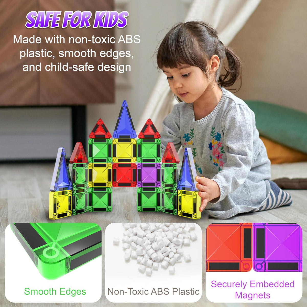 Micro Magnetic Tiles Building Blocks Toy - STEM Educational Travel Size Magnetics Blocks for Kids, Preschool Sensory Montessori Toddler Magnetic Toys for Boys & Girls 3+ Years Old (18PCS - Glitter)