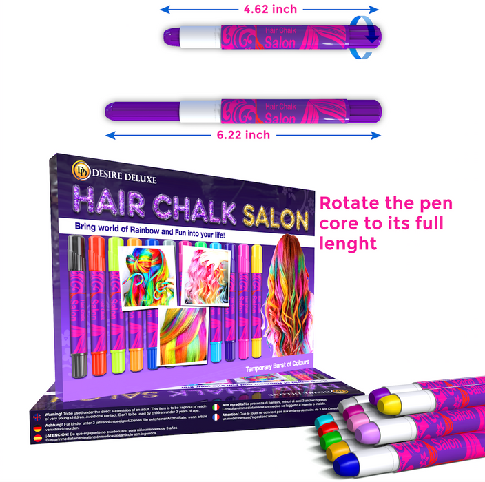 Desire Deluxe  - Girls Gifts Hair Chalk 10 Temporary Non-Toxic Easy Washable Hair Dye Colourful Pens