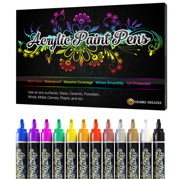 Desire Deluxe - Acrylic Paint Pens Waterproof Kit Markers Reversible Round & Chisel Tip