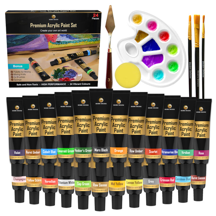 Desire Deluxe  - Acrylic Paint Set - Non Toxic Water Based Rock Painting Kit for Stone, Ceramic, Glass, Wood, Porcelain, Pebbles-Complete Craft Set
