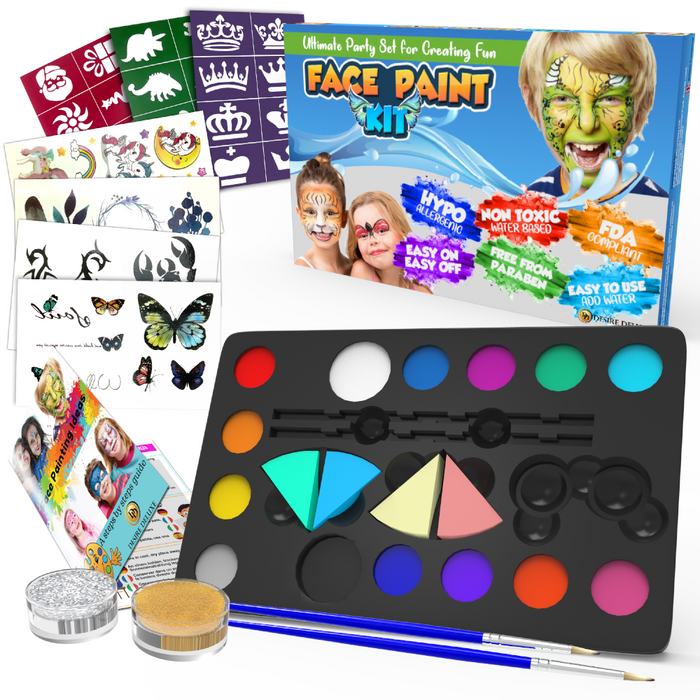 Desire Deluxe - Face Paints for Children Make Up Set Body Painting Palette Kit Inc: Glitter Stencil Tattoo for Kids