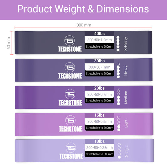 TechStone -  Resistance Bands Pack of 5 Different Resistance Levels Elastic Band for Home Gym Long Exercise Workout Set for Men and Women