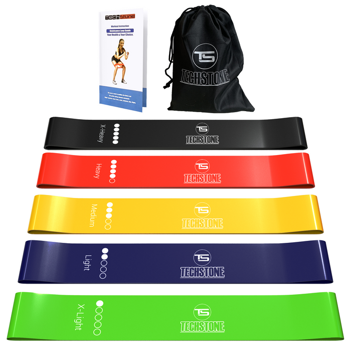 TechStone - Resistance Bands Pack of 5 Different Resistance Levels Elastic Band for Home Gym Long Exercise Workout Set for Men and Women